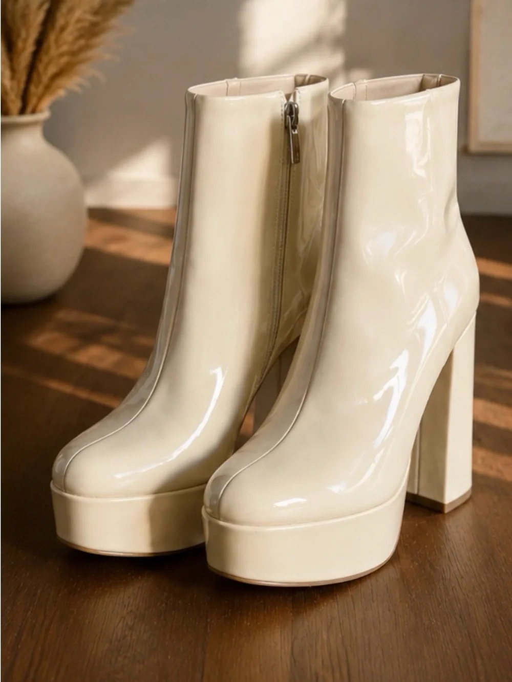 Marc Fisher Cream Patent Platform Ankle Boots